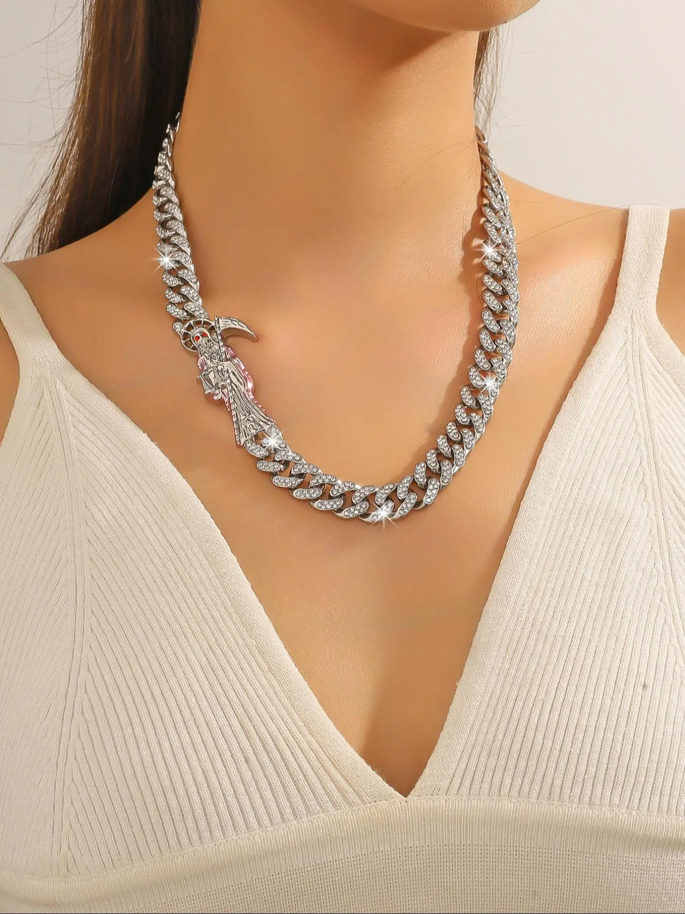 Rhinestone Decorated Cuban SAINT DEATH Design Pendant Necklace, Fashion Jewelry for Party, Daily Clothing Decor, Trendy All-match & Exquisite Chain Jewelry for Birthday Gift
