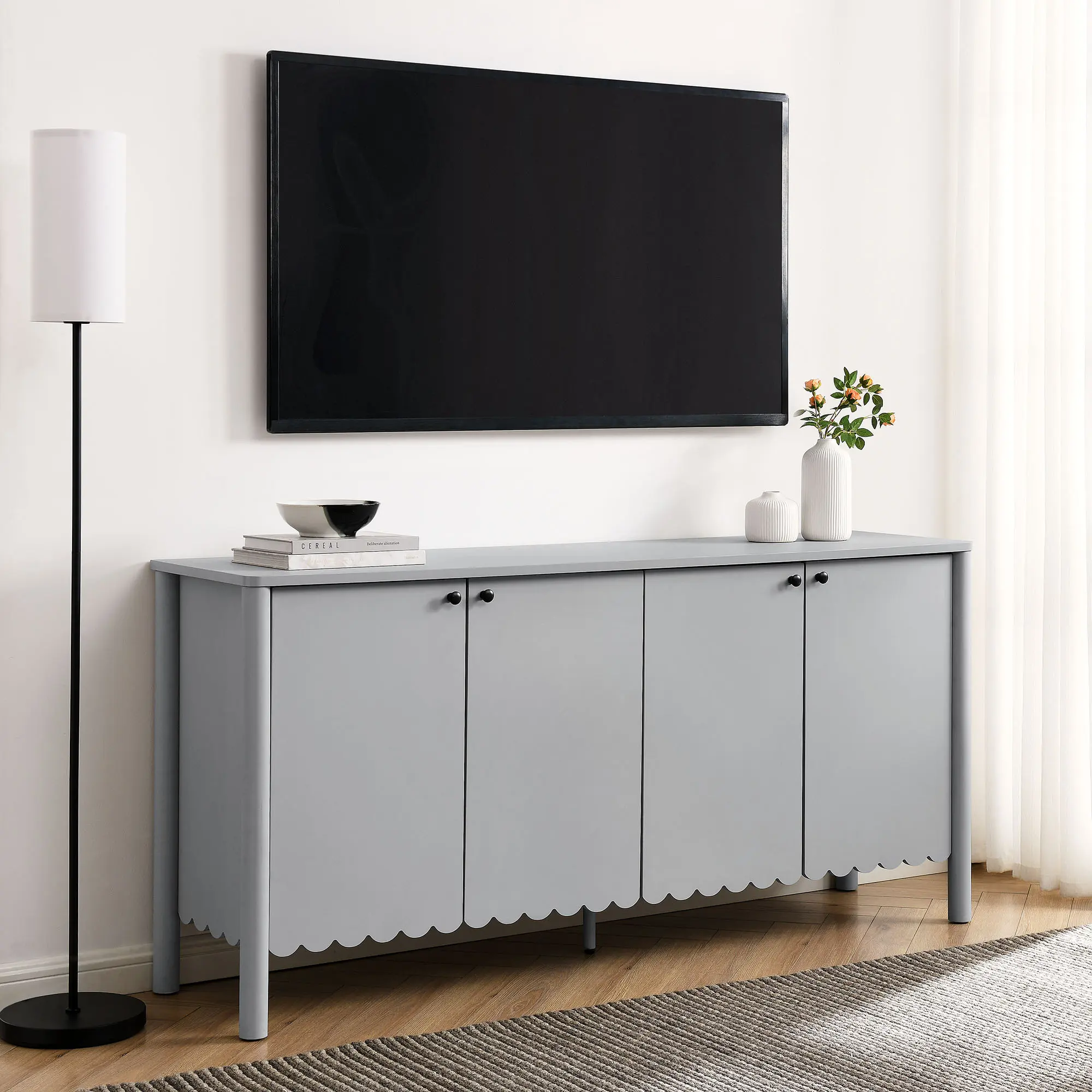 Modern Farmhouse Emmeline 66" Scalloped Sideboard Cabinet, Light Gray Indoor Furniture with 4 Soft-Close Doors, Adjustable Shelves & Flexible Storage Space, Four Soft-Close Doors