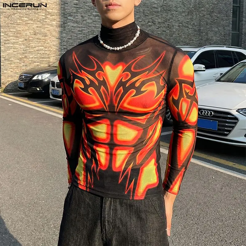 INCERUN Men's Fiery Tribal Print T-Shirt, Long-Sleeve Sheer Mesh Mock Neck, Body-Sculpting Muscle Fit for Club & Night Out