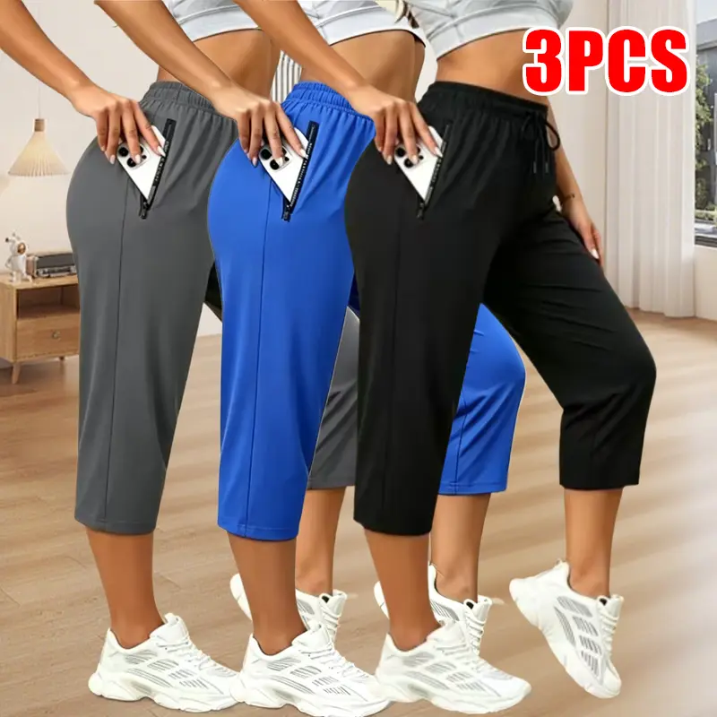 Clean Gent 3-Pack Summer Women’s Ice Silk Quick-Dry Long Pants — Drapey, Cooling Fabric with Zipper Pockets and Elastic Waist Drawstring Design; Suitable for Outdoor Jogging and Everyday Wear; Plus Size Women’s Clothing, Women’s Gym Activewear, Sport Casu