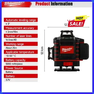 Milwaukee 16 Lines 360°Self-leveling Cross Laser Level Green Laser Levels 4 Sides Degree Vertical 4.2V 3-4D With Remote Control