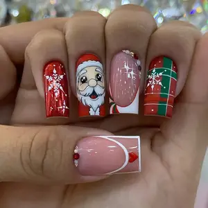 Christmas 24pcs Square Heart French Tip Nails, Stylish Acrylic Nails, Pearl Rhinestone Design, Full Coverage Acrylic False Nails, Includes Jelly Glue & Nail File