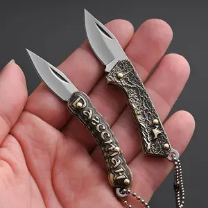 Vintage Brass Mini Knife Keychain, Portable Pocket Knife for Outdoor Use, Foldable Camping Knife, Ideal for Unboxing Packages