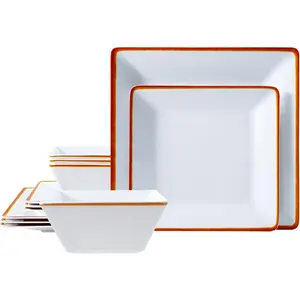 12- Melamine Dinnerware Sets, Plates and Bowls Dishes Set for 4, Break-Resistant & Non-Microwavable, Lightweight Square Dinner Plates, White with Rim