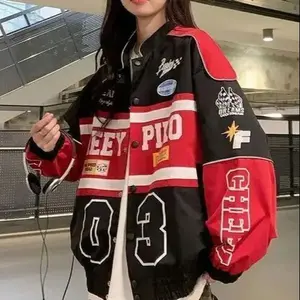 Baseball Uniform Hip Hop Motorcycle Clothing 2024 Y2k Red White Bomber Jacket Women Men Biker Racer Jacket Retro Clothes Trend