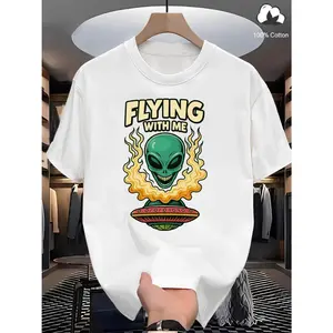 Men's alien and UFO-themed graphic for festive or fun occasions Graphic T-Shirt - Short Sleeve Crew Neck Regular Fit Casual Wear | Soft & Breathable Fabric, Durable Print, Everyday Comfort, Machine Washable, casual and humorous with a retro sci-fi design