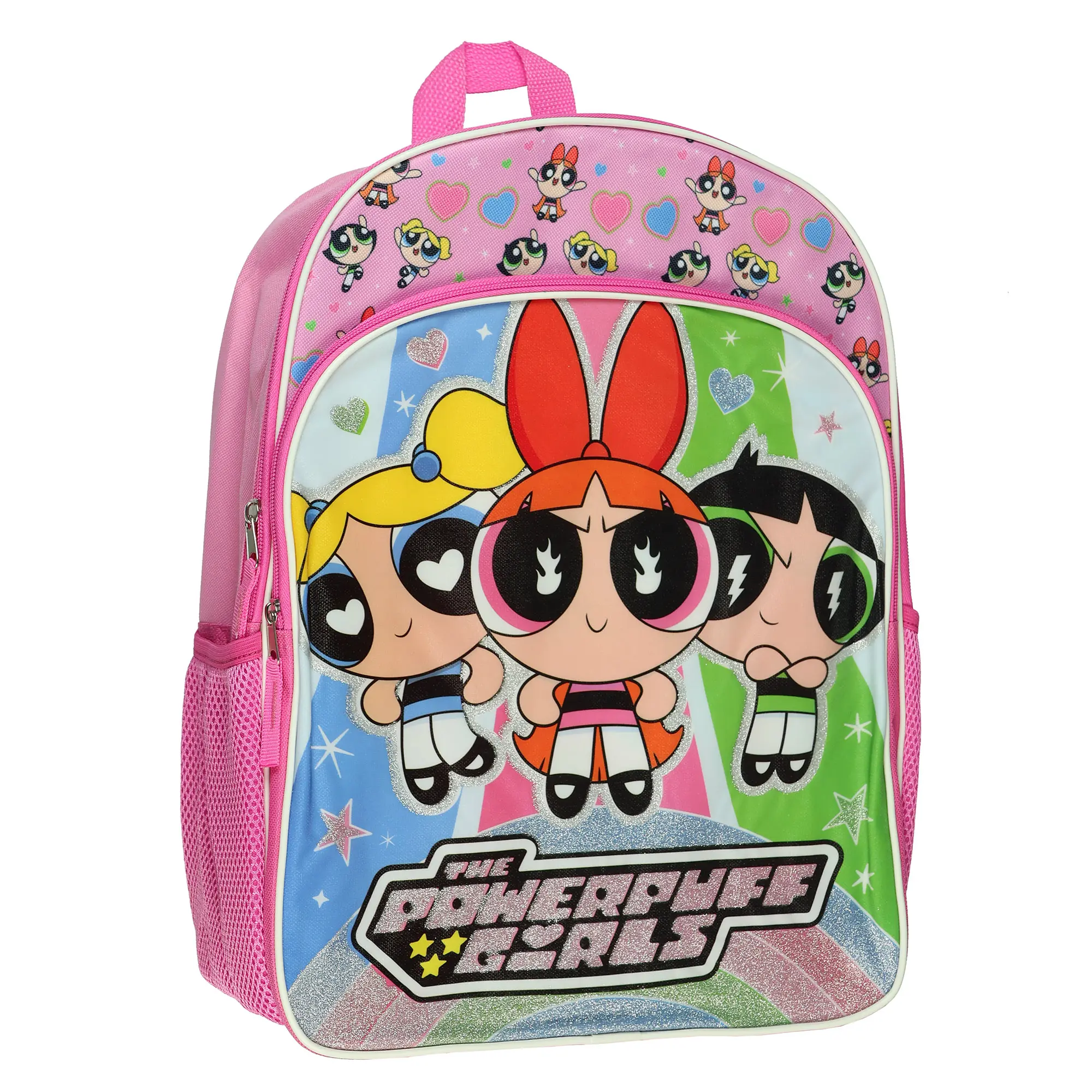 The Powerpuff Girls Backpack Blossom Buttercup Bubbles 16" Sparkly Bookbag with Adjustable Padded Straps