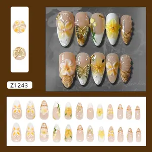 3D Cream Yellow French Yellow Floral Press On Nails, Floral Motifs Spring Pearl Gold Beads 3D Gold Foil Accents Butterfly Lily Of The Valley Tulip Seasonal Look Elegant Removable Press On Nails 24Pcs