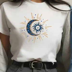 "Sun Moon" 180G Single-Sided Short-Sleeved T-Shirt Top, 100% Short-Sleeved, Soft And Breathable, Light And Comfortable Spring And Summer Casual Round Neck Pullover| Fun Design| A Woman's T-Shirt. White CLL T-shirts-0679