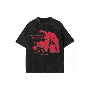 Men'S Vintage Washed 100% T-Shirt with TV Girl Lovers Rock French Exit Graphic Print - Anime Cartoon & Music Tee, Breathable Short Sleeve Round Neck Casual Shirt for Casual Attire, Machine Washable All-Season Comfort Fit ( with Red Design)