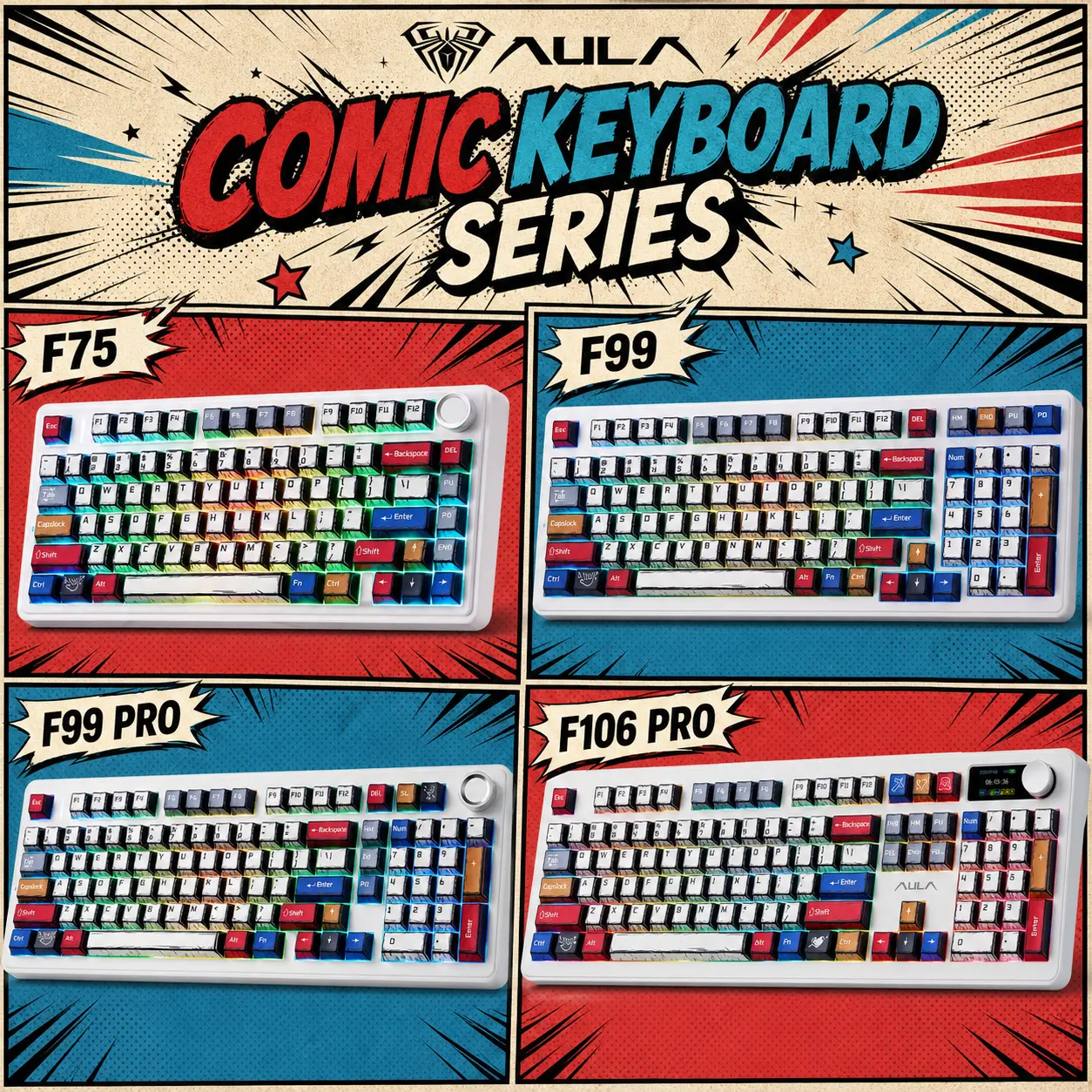 AULA Manga Series Wireless Mechanical Keyboard Gift for Gamers, F75/F99/F99 Pro/F106 Pro, Tri-Mode Hot-Swappable Gasket Keyboard with RGB Backlight, Creamy Sound & Comic Keycaps for PC/Mac #tiktokshopstockup