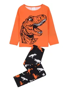Boys' Flame-Resistant Pajama Set, Dinosaur Print, Casual Home Wear, Slim-Fit, H-Type Silhouette, All Seasons, 2-Piece Set, Cartoon Pattern Pajamas