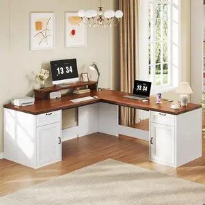 78" Farmhouse L Shaped Executive Desk with Drawers, Modern Computer Desk with Power Outlets, Office Writing Desk with Monitor Stand & Storage Cabinet, Printer Shelf, Antique White