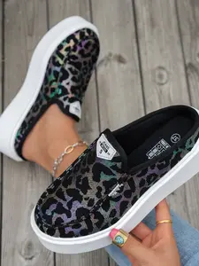 Leopard Print Low Top Casual Shoes, Slip-On Board Sneakers, European and American Fashion Trendy Half Sandals, Women's Footwear, Slip On Lightweight