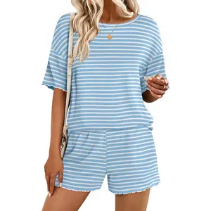 Lounge Sets for Women Waffle Knit Pajama Set Shorts 2 Piece Matching Loungewear Summer Outfits with Pockets Nightwear Womenswear Homewear Pjs Casual Shortsleeve pajama sets women cute pajama sets pajamas Army Green Stripe
