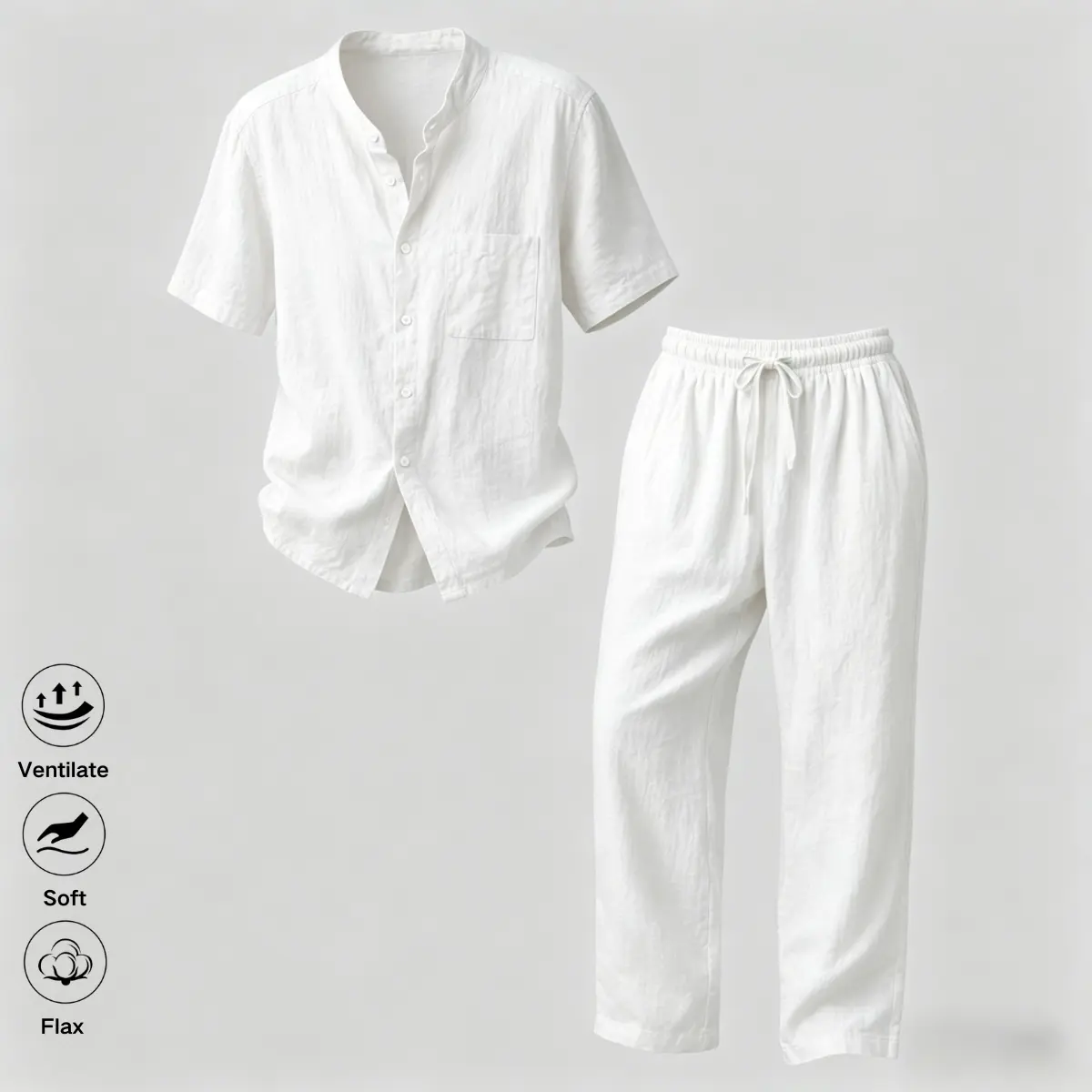Men’s summer linen casual two-piece set: stand-collar short-sleeve shirt + straight-leg long pants, lightweight vacation outfit