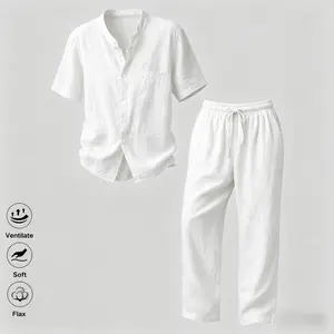 Men’s summer linen casual two-piece set: stand-collar short-sleeve shirt + straight-leg long pants, lightweight vacation outfit