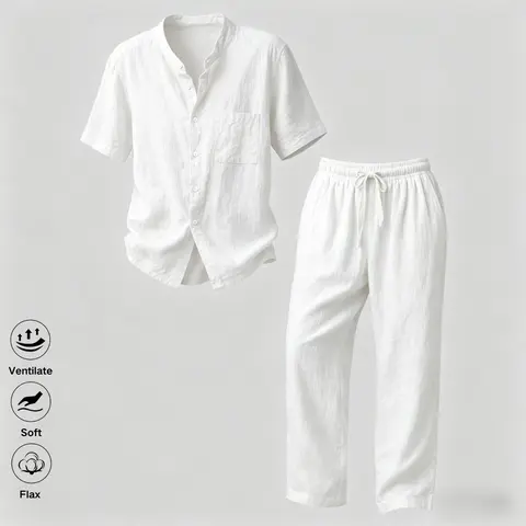 Men's 2-Piece Menswear Casual Set - Stand Collar Short-Sleeve Blouse/Shirt, Straight-Leg Long Pants, Stylish Linen Lightweight Solid-Color Vacation Outfit
