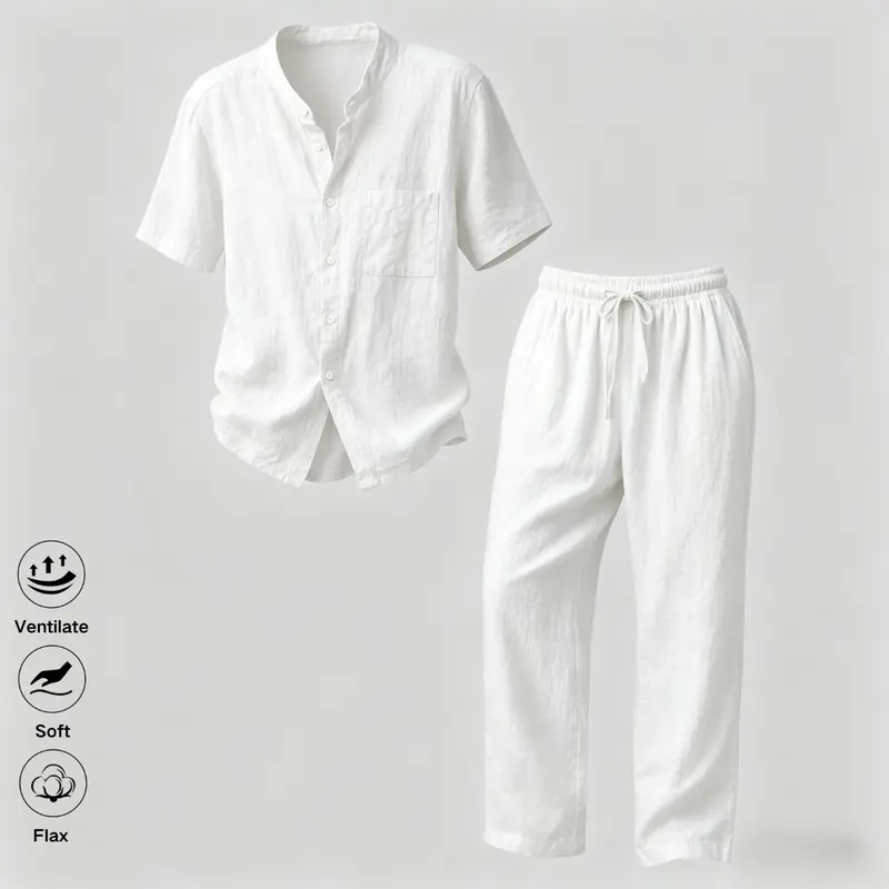 Men's 2-Piece Menswear Casual Set - Stand Collar Short-Sleeve Blouse/Shirt, Straight-Leg Long Pants, Stylish Linen Lightweight Solid-Color Vacation Outfit