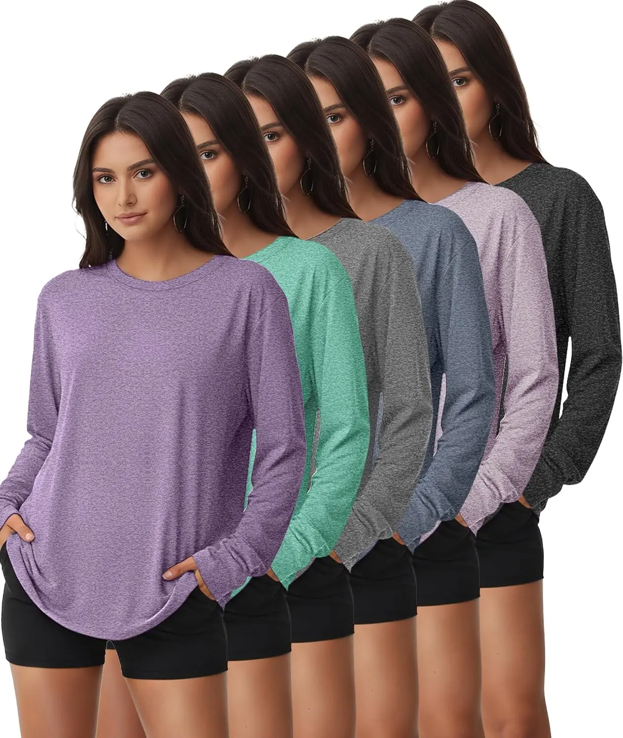 6 Pack Women's Long Sleeve Workout Dry Fit Shirts, UPF 50+ Rash Guard SPF UV Sun Protection Swim Tee ShirtsGift.