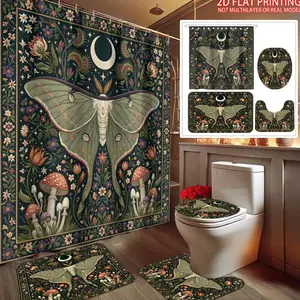 2D Flat 4pcs Mystical Dream Shower Curtain Set, Adorned with Moths, Flowers, Mushrooms, And Crescent Patterns, Adds a Whimsical Atmosphere to The Bathroom. Printed Shower Curtain Set, Bathroom Decoration Set Includes Shower Curtain