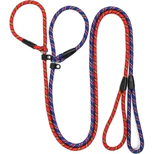 2 count Durable  Slip Rope, 5 FT   Leash,  Slip Lead, Standard Adjustable Pet Slipknot Nylon Leash for Small Medium Dogs (10-80 lb) (Blue+Red)