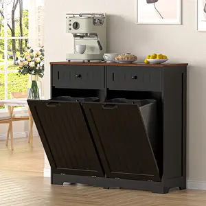 【Does Not Include Trash Can】AHB Elegant Wooden Trash Can Cabinet | Double Tilt-Out Doors Conceal 2x 10-Gallon Bins | Built-In Drawers for Kitchen Organization | Space-Saving Design for a Clutter-Free Home