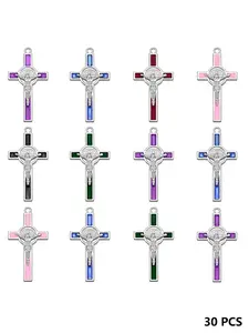 30 Piece Set 6 Color Bead Making Materials Alloy Enamel St Benedict Cross Pendant, DIY Prayer Necklace Catholic Jewelry