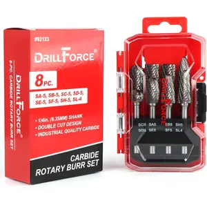 8 count Carbide Burr Set 1/4" Shank, Double Cut Tungsten Carbide Rotary Tool Attachment Kit Rasp Accessories for   Metal  Carving, Engraving, Polishing, Deburring