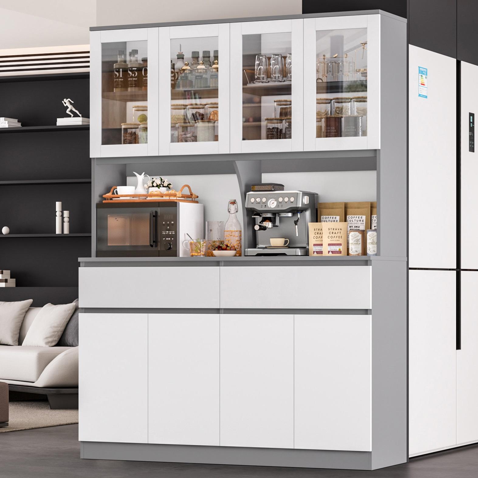 FOTOSOK  74.8" Tall Pantry Cabinet, 55.1" Wide Kitchen Pantry Cabinet  with 2 Drawers, Kitchen Hutch with Microwave Stand, Tall Storage Cabinet for Living Room, White