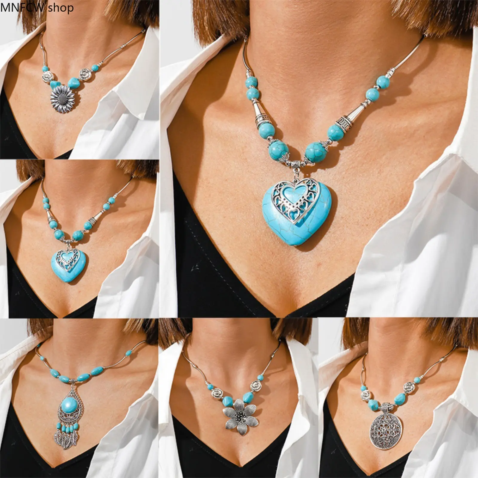 Female Turquoise Heart Shape Necklace - Retro Viking-Inspired Ethnic Pendant, Elegant Statement Jewelry for Alt Streetwear Aesthetic, Women's Fashion