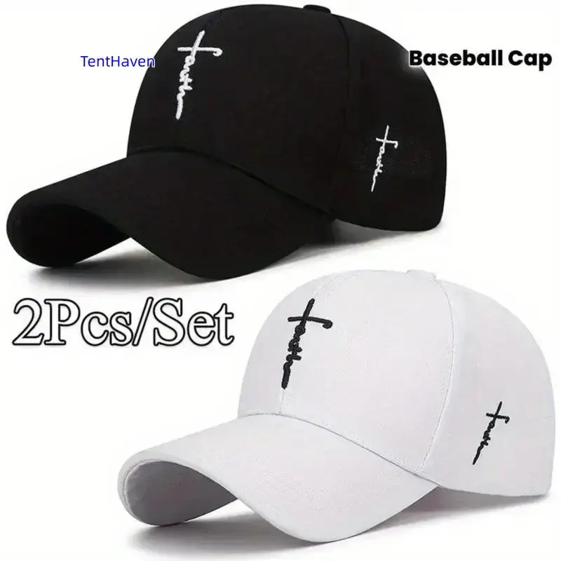 Adults' 2-Piece Black and White Baseball Cap Set, Sporty Chic Cross Embroidery, Breathable Acrylic, Durable Duckbill Design, All Seasons Outdoor Sports Hat, Athletic Hat, Female, Two-Pieces
