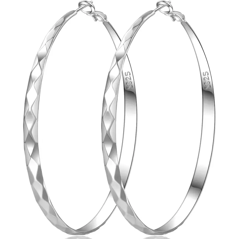 Women's 925 Sterling Silver Large Hooped Earrings - Hypoallergenic, Lightweight, Minimalist Luxury Earrings for Women with Polished Surface, Ridged Lines, Green-Safe Shine, 30/40/50/60/70MM Sizes for Daily Wear