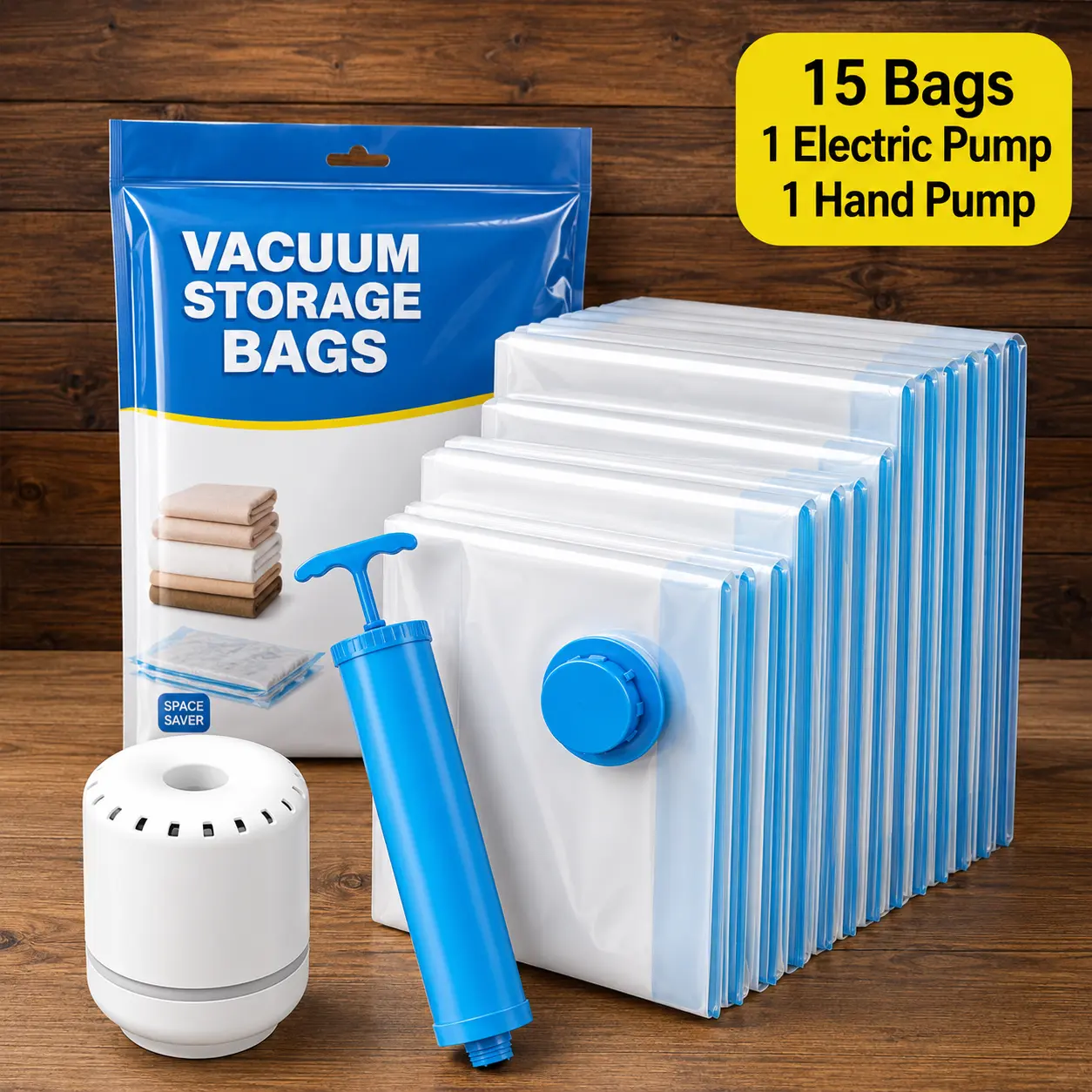 Cordless Travel Vacuum Airtight Compression Bag Set – 15-Pack 3 Sizes with Built-In Battery Electric Pump, Portable Resealable Zipper Storage Organizer Bag Travel Pouch, Waterproof Reusable Space Saver for Carry-On Suitcases, Travel Storage Pouch
