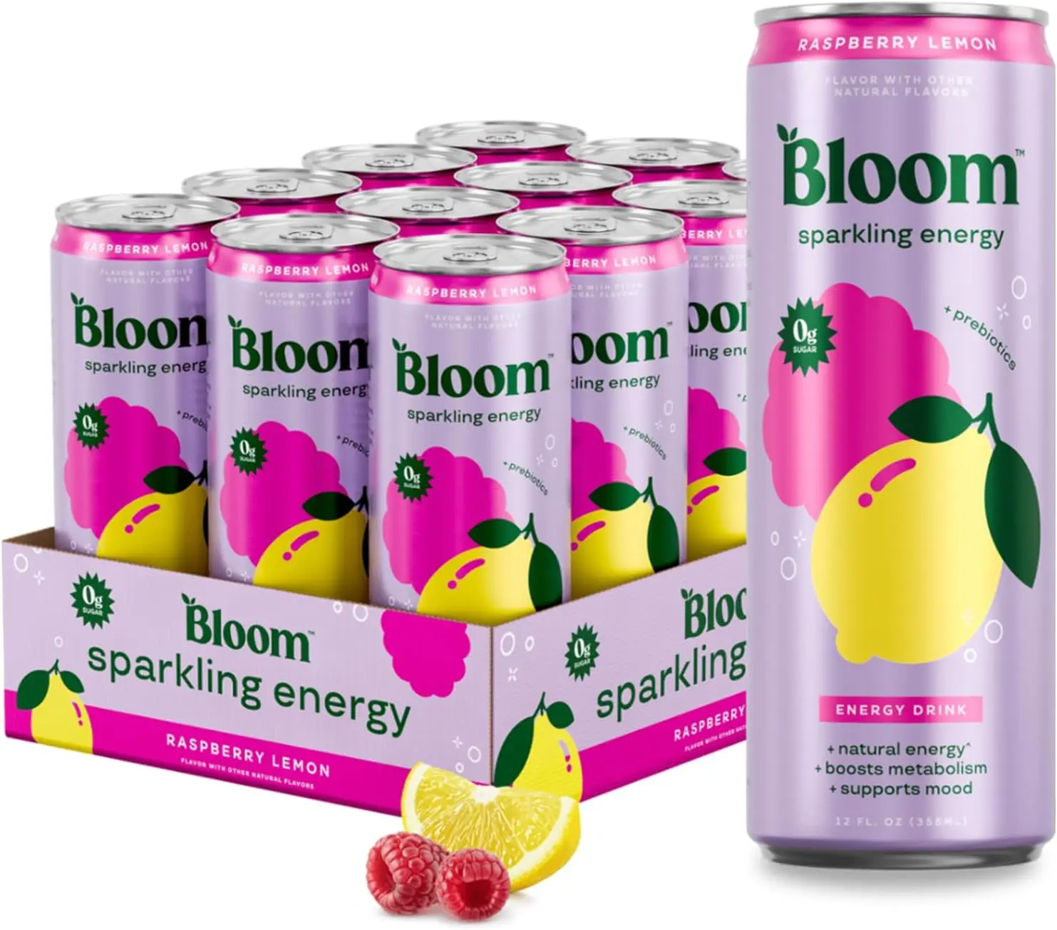 Bloom Nutrition Sparkling Energy Drink, Raspberry Lemon, Zero Sugar, 180mg Natural Caffeine, Green Tea & Green Coffee Extract, Prebiotics, 12oz Cans, 12 Pack