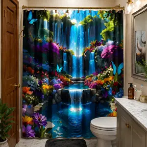 Enchanting Magical Waterfall Shower Curtain, Luminous Blue Waters, Oversized Colorful Flowers, Fluttering Butterflies, Vibrant Bathroom Oasis