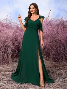 Elegant V-Neck Backless Chiffon Bridesmaid Dress, High Slit Side Split Design, Lace Sleeve Detail, Perfect for Weddings and Special Occasions