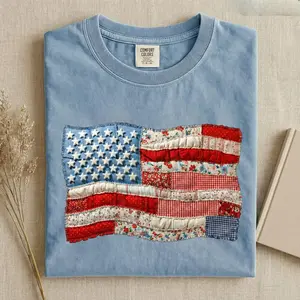 Comfort Colors Faux Patchwork American Flag Shirt, Vintage Faux Quilted USA Graphic Tee, 250th Years Patriotic Fourth Of July Sweatshirt - AL
