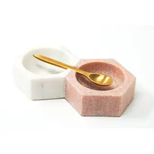 Pink and White Marble Salt and Pepper Cellar with Brass Spoon for Seasoning - Modern Kitchen