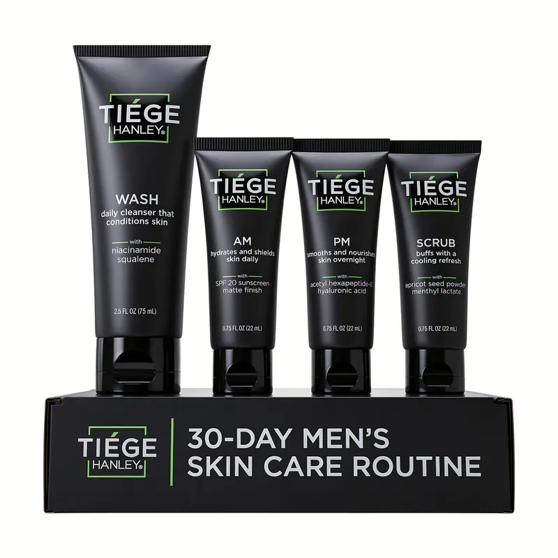 Tiege Hanley Skincare System (Levels 1-3) - Face Wash + Exfoliating Scrub + AM SPF Moisturizer + PM Night Cream + Eye Cream + Peptide Retinol Serum