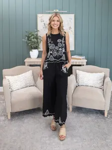 Embroidered Pants with Scalloped Hem | S - L Umgee