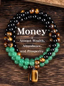 Money Attraction Statement Necklace Crystal Beaded with Aventurine & Tiger Eye Pendant, Healing Crystal Stone, Long Chain, Ideal Gift for Men and Women