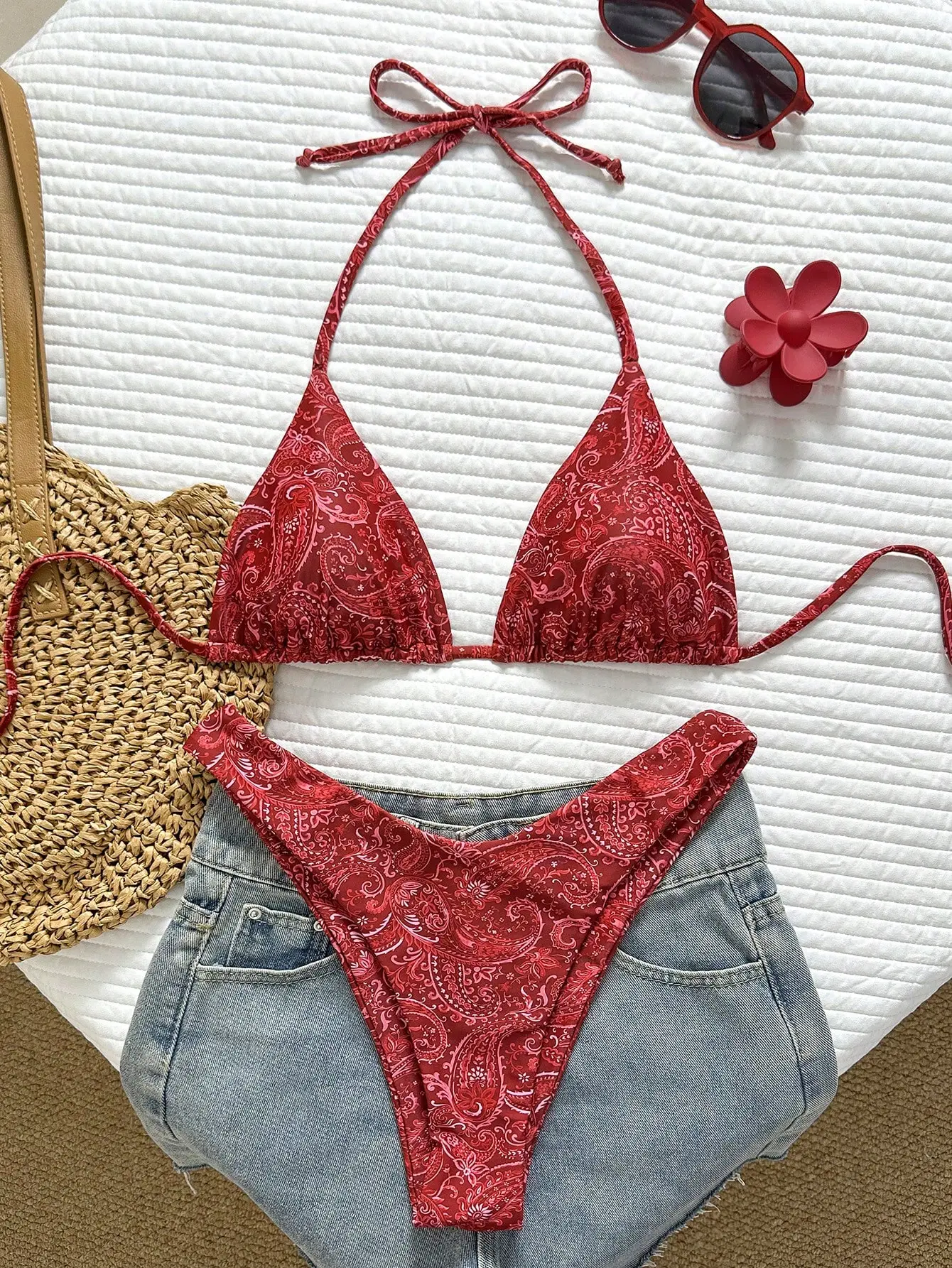 AESS Women's Tropical Print Two Pieces Bikini Set Casual Resort Wear Valentine Outfits For Women Vacation Bikini Set Bandana Print Bikini