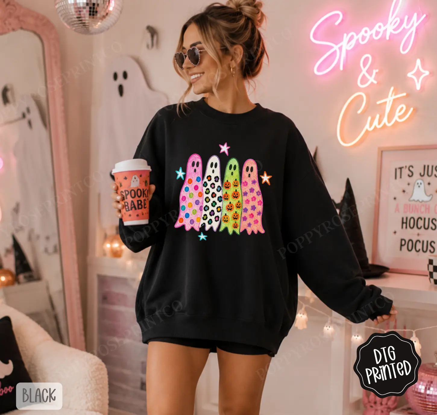 Colorful Ghost Gildan Sweatshirt, Trendy Women's Halloween Crewneck