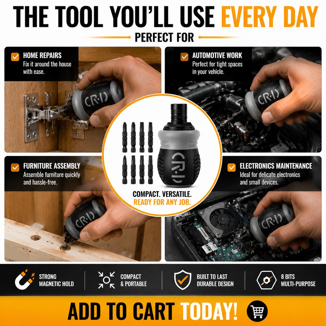 Magnetic Screwdriver Combo - 8 Bits Compact Multi-Tool with Flat-Head Screwdriver Bits, Pocket-Size Gadget for Home Maintenance, Home Improvement