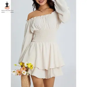 Women Puff Sleeve Romper Off Shoulder Ruffle Dress with Shorts Long Sleeve Flowy Layered Pirate Jumpsuit Playsuits Womenswear Breathable