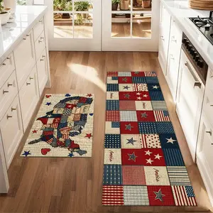 2Pcs Independence Day Pentagram Stripe Kitchen Rug Set Farmhouse Kitchen Carpet Restaurant Floor Laundry Room Decoration Carpet Mat