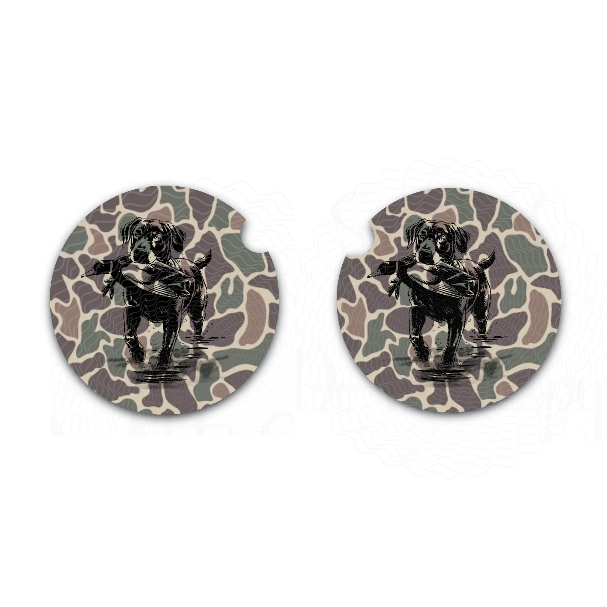 Camo Car Coasters, Dark Green Old School Camo, Lab Duck Hunting, Neoprene Coasters Set of Two, Auto Accessories