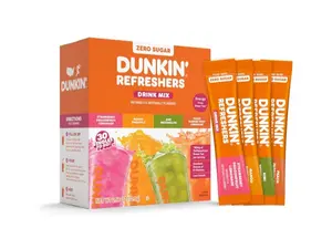 Dunkin’ Zero Sugar Refreshers Singles To Go! Powdered drink mix packets, 30 Ct Variety Pack, 30 Single serve Packets per Box (30 servings), Energy from Green Tea, aspartame-free, no synthetic colors, naturally and artificially flavored, just add water