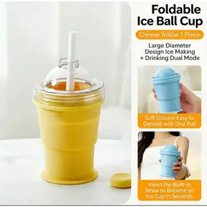 Yellow Foldable Ice Ball Cup with Straw | 2-in-1 Ice Mold & Tumbler, Easy Release Large Ice Balls for Iced Coffee & Cocktails